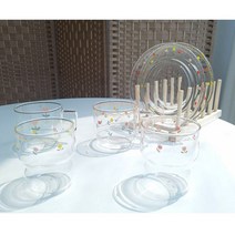 빈티지 플라워 유리컵 + 유리접시 세트, 2. 레드 옐로우