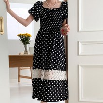 우아글로벌 스모크 도트 롱원피스 퍼프소매 셔링 여름원피스