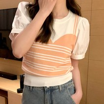 네모엔룩 여성용 뷔스티에퍼프 볼륨소매 단가라 스트라이프 라운드넥 반팔 여름 니트 NL