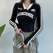 아담블링 / Y2K 키치 트랙 두줄라인 브이넥 크롭 긴팔 티셔츠