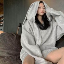 SJW 가을겨울 여성용 토끼후드 풀집업 기모 무지 오버핏 포근 아우터 외투 데일리 캐주얼