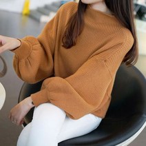 스타일아유 가을 겨울 목폴라 루즈핏 이너니트 우아한 벌룬 퍼프 소매 부드러운 반폴라 반목 니트 티