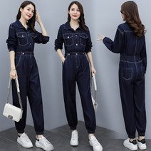 데님 긴팔 진청 치노 팬츠 스트리트 미드 슬림 가을 터틀넥 패션 여성 점프슈트 심플 날씬해 보이는 캐주얼