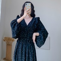 봄 가을 빅사이즈 하늘하늘 프렌치 쉬폰 긴팔 가오리핏 원피스