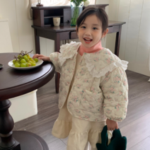 돌 아기 유아 아동 키즈 여자 아이 외투 자매룩 둥이룩 겨울 아우터 핑크색 꽃무늬 레이스 빅 펀칭 카라 퀄팅 깔깔이 누비 자켓 숏 패딩 깔깔이 점퍼