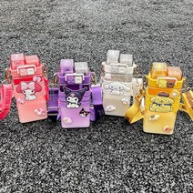 큐티 쿠로미 대용량 빨대물통 원터치오픈 물병 어깨끈+피규어 스티커 2종 세트 캐릭터 휴대용 스포츠 헬스 프로틴 쉐이커 보틀 내열 다용도 밀폐뚜껑 워터보틀 야영하다 등산용 520ML, 폼폼푸린