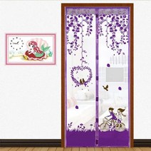 현관문방충망 벨크로 붙이는 미세먼지방충망 커튼안티 모기 곤충 파리 버그 마그네틱 그물, 보라색 100 x 210cm