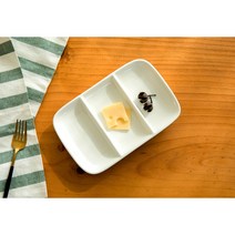 화이트 도자기 직사각 3칸 나눔 접시 23cm 3구 반찬 소스 그릇 예쁜 디저트 플레이팅 용기