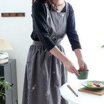 린넨 자수 원피스 앞치마, 챠콜