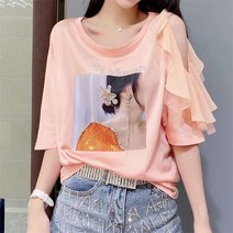 besteffie 반팔티셔츠 여름 티셔츠 라운드넥 루즈핏 프린팅 T 큐빅장식 어깨트임 빅사이즈 반팔티 상의 C55