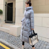 연예인롱패딩 유광패딩 리본 하이넥 슬림 빅포켓 재킷 코트 벨티드