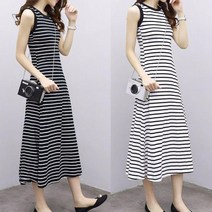 루나버블 A 라인 민소매 스트라이프 롱 원피스 2color 여자 여성 성인 단가라 줄무늬 나시 스판 홈웨어 ops