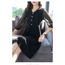 쇼핑창창 골드미스 7부소매 정장풍 미디 쉬폰원피스 블랙