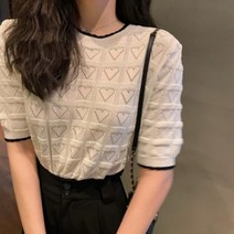 S67260 배색 큐티 하트 슬림 니트반팔티 여름니트티