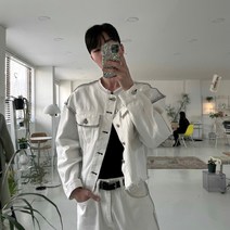 Stich cutting jacket 남자 컷팅 숏 트러커 자켓 노카라 크롭 화이트 셋업