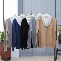 리틀깽스 자체제작 우아 깔끔한 간절기 봄 여성스러운 배색 북유럽스타일 라운드넥 반폴라 니트