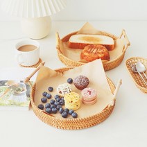 라탄 트레이 바구니 소쿠리 원형 그릇 간식 쟁반 3종, 원형 라탄 트레이(대)