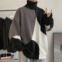 터틀넥 스웨터 남성 패션 가을 겨울 니트 색상 패치 워크 유행 Streetwear 헐렁한