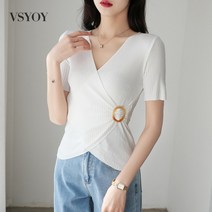 VSYOY 브이넥 얇은 니트여 여름 슬림 반팔 아이스 티셔츠 숏탑