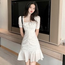 YAPOGI 봄과 여름 새로운 흰 드레스 피쉬 테일 스커트