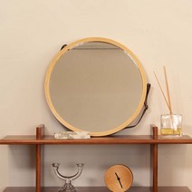 앤틱 디자인 카페 인테리어 스트랩 벽걸이 원형 거울, 우드
