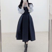 A라인 플레어 볼륨 핀탁 레이어드 뷔스티에 원피스 (2color)