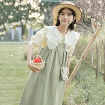 POMTOR 여성 러블리 퍼프 블라우스 루즈핏 끈 원피스 투피스 세트
