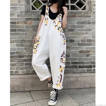 라오농 모던 레터링 프린트 패치 데님 멜빵 여 여름 배기팬츠 +2d505LL