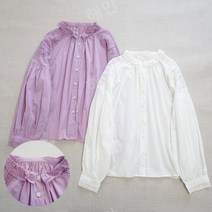 여성 레이스 린넨 셔츠 화이트 바이올렛 봄 핀턱 블라우스