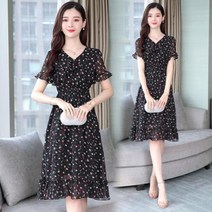 [뽐나] 여성 빅사이즈 브이넥 프릴 주름 한송이씩 흩날리는 플라워 패턴 엠파이어 원피스