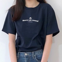 [험블스튜디오] 라운드넥 루즈핏 심플 메리고어라운드 레터링 로고 데일리 반팔티 네이비