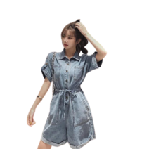 꽃소담 여성 반팔 반바지 밴딩 데님 점프수트 청 원피스 QQA1416