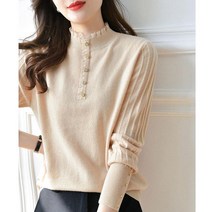 쩐쿠 가을 여성 반폴라 레이스넥 스판 니트티 8553