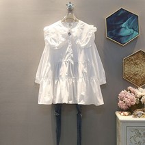 빅카라 블라우스 남행선옷 프릴 빅사이즈 블라우스셔츠 빅 카라 둥근카라 여성용 롱 스위트 롱팔 루즈한 셔츠 코튼 탑스 봄