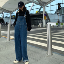 여학생 주니어 진정 연청 멜빵바지 와이드 데님 청 통바지 봄가을 오버론