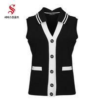 [세바스찬] [골프](국내생산) 23 S/S 여성 빅카라 장식 오픈 니트 조끼 3303 골, 색상:블랙 / 사이즈:105