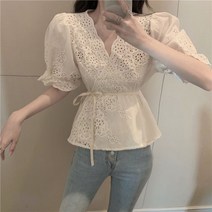 여자 펀칭블라우스 레이스 자수 아일렛 벌룬 브라우스 예쁜 빅사이즈 반팔 셔링 쉬폰 빅카라 셔츠