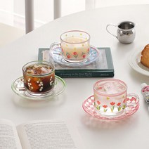 예쁜 빈티지 플라워 유리 커피잔 소서 세트 200ml 3type 홈카페 손잡이컵 레트로 찻잔, 튤립-핑크