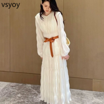 VSYOY 첫사랑 흰색 긴팔 드레스 2023 가을 기질 연예인 고급 여신 팬 하이 엔드 요정