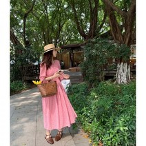 핫핑크원피스 스커트 롱 라인 무릎 길이 봄 플레어 쉬폰