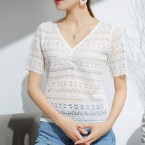 여름 루즈한 브이넥 패션 날씬해 보이는 레이스 셔츠 반팔 펀칭 블라우스 2벌