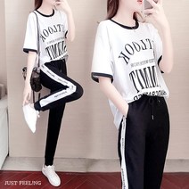 JUST FEEL!NG 라운드넥 반팔티셔츠 + 긴바지 캐주얼 상하 런닝세트 데일리 20대 30대 40대 외출복 트레이닝복 세트