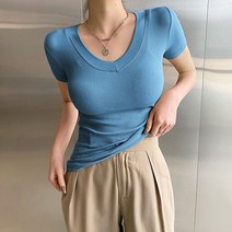 메이킹유 반팔 브이넥 슬림핏 골지 무지 3094나비느티