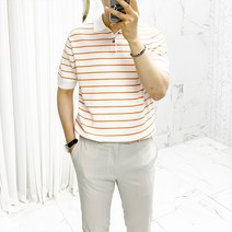 아도르클래식 버튼 카라 4컬러 스트라이프 니트 반팔티