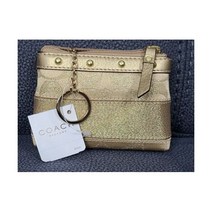 NW COACH SIGNATURE STRIPE KHAKI GOLD STUD Mini Skinny Coin Purse Keychain Wallet