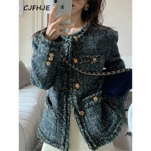 여성용 트위드 자켓 루즈 레트로 재킷 녹색 체크 무늬 블레이저 패션 넥 코트