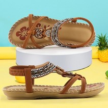 여성 샌들 여름 신발 라인 석 레트로 탄성 밴드 플랫 검투사 보헤미안 프린트 워킹