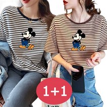 1+1 여성 미키 반팔티 스트라이프 티셔츠 라운드티 빅사이즈 루즈핏 데일리