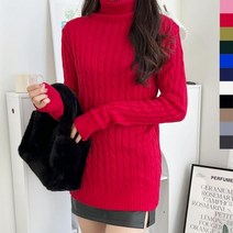옷자락 [옷자락] 여자 루즈 꽈배기 터틀넥 빨간스웨터 크리스마스 니트