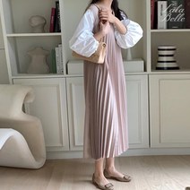 라라벨 여성용 원피스 베이니즈 브이넥 플리츠 주름 퍼프 롱 원피스